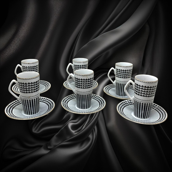 Vtg 1970's Lot 6 x Neiman Marcus Demitasse Cups & Saucers Black White Japan READ - Picture 1 of 10